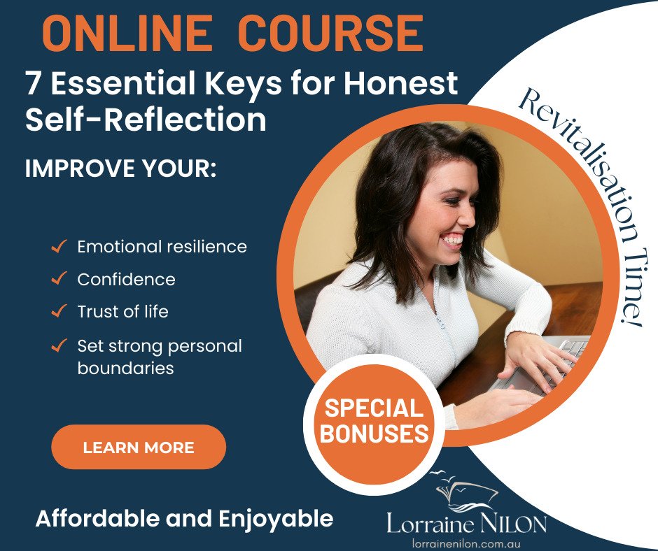 Happy lady doing Lorraine Nilon's 7 Essential Keys for Honest self-reflection course online. Self-awareness exercises and rechniques 