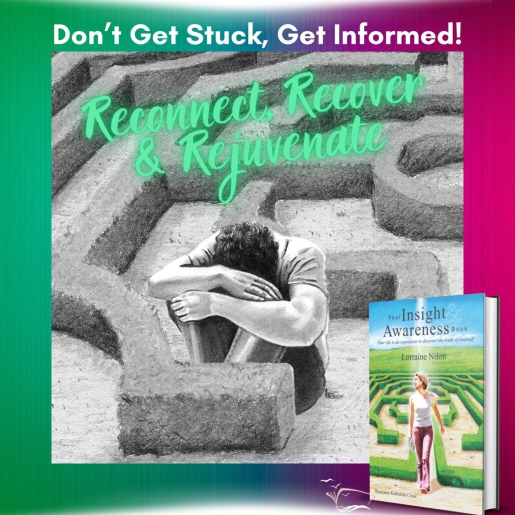 Developing self-awareness books- Your Insight & Awareness Book - Self-help author Lorraine Nilon. Man stuck in labyrinth - sitting with head on knees looking dejected.