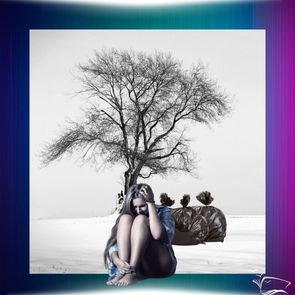 Spiritual Life Coach Image depicting emotional baggage with carry with a lady sitting on the ground looking distressed with tree in bleak background. 
