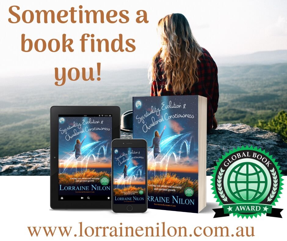 Lady sitting on cliff face contemplating! Plus Self-help author Lorraine Nilon - Spirituality, Evolution and Awakened consciousness book with winning Global Book award sticker! Self-understanding fro growth