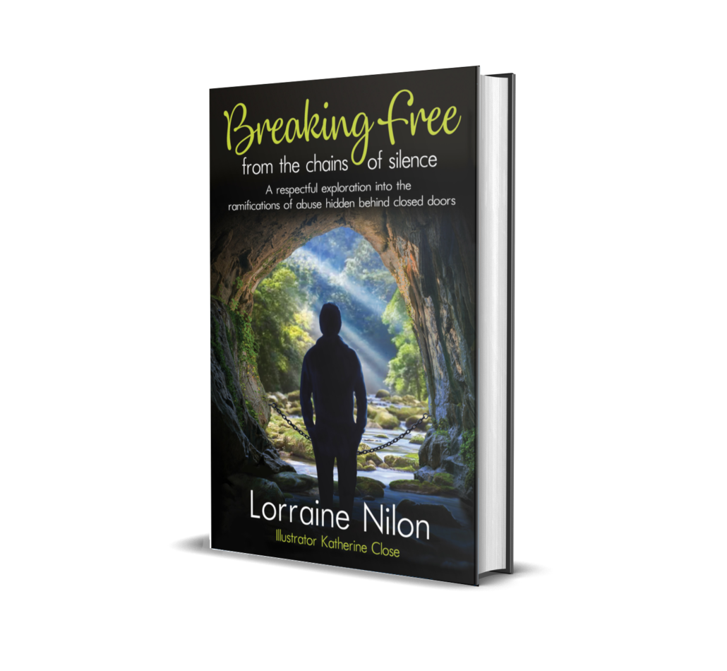 Self-help book- Breaking Free from the Chains of Silence. self-help author Lorraine Nilon- A man standing in a cave looking our at a beautiful landscape.