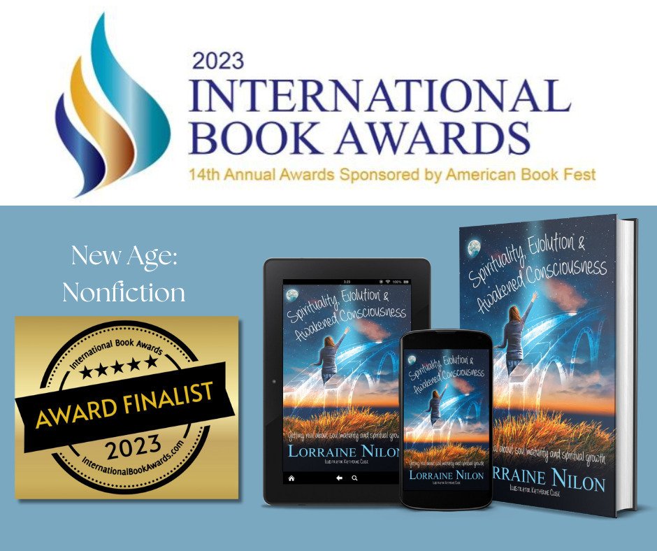 International Book Awards 2023- finalist Badge for Lorraine Nilon: Book Spirituality, Evolution & Awakened Consciousness. A Personal growth book!