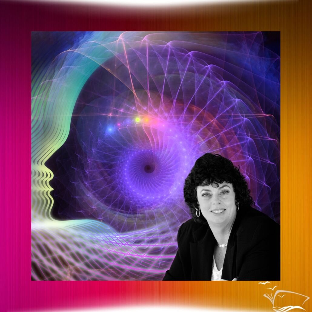 A female head with energy and spiral patterns of color surrounding her plus photo of Lorraine Nilon-Intuitive reading 