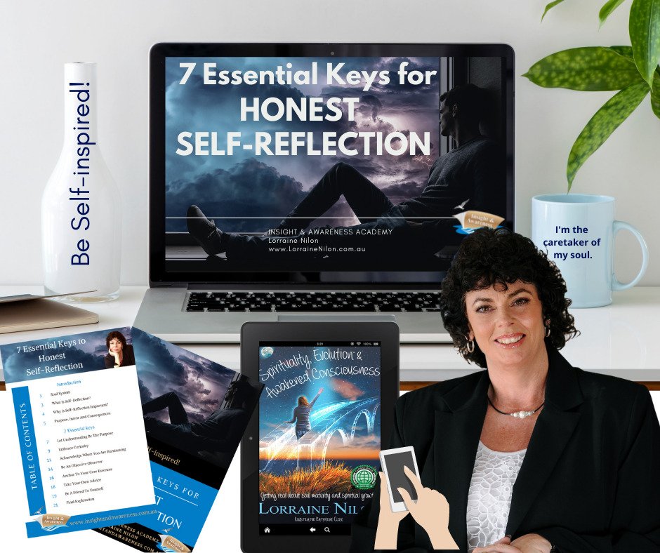 Photo of Lorraine Nilon Australian self-help Author. With laptop in background showing her Self-Reflection course, plus a ebook copy of her book: Spirituality, Evolution and Awakened consciousness.