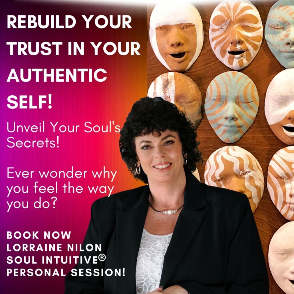 Photo of spiritual life coach Lorraine Nilon with a backdrop of mask showing different emotions. Life coaching for spiritual growth and self-discovery.
