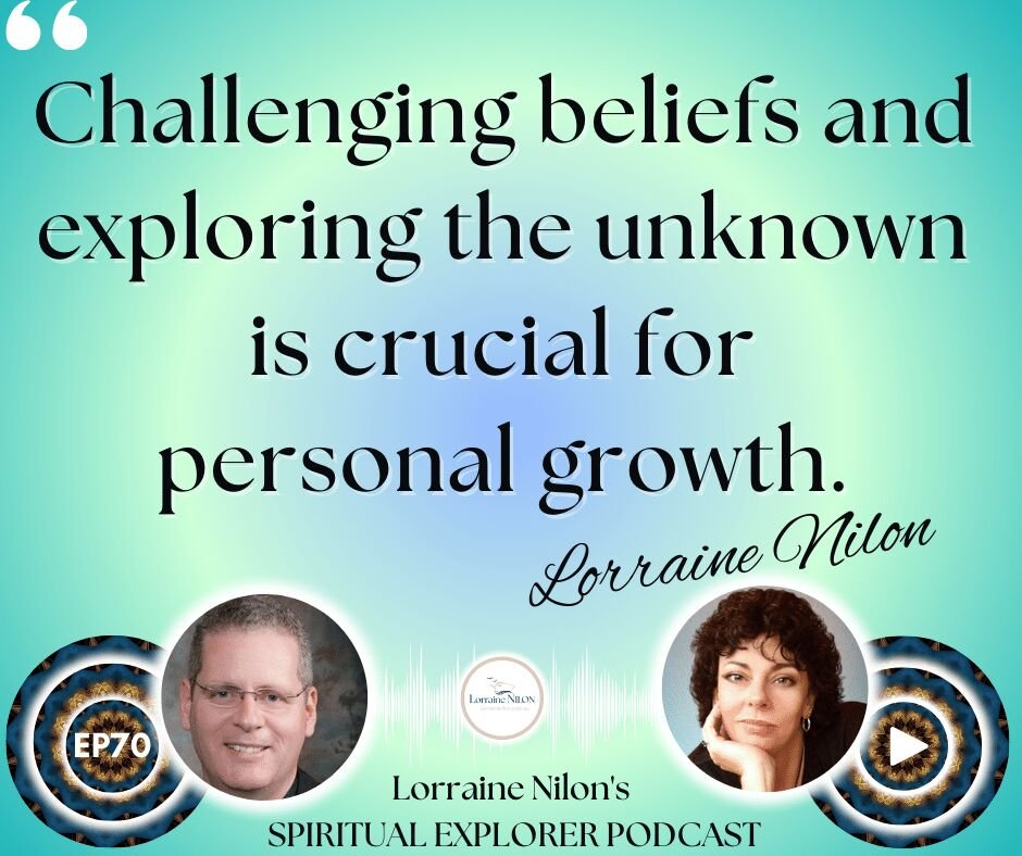 Photo Lorraine Nilon and Pieter Elsen with Lorraine Nilon quote: Challenging beliefs and exploring the unknown is crucial for personal growth.