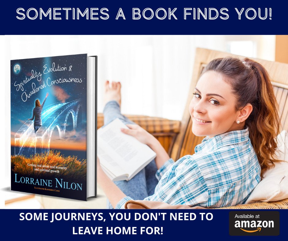 lady smiling and looking very content with a book- Spirituality, Evolutiona & Awakened Consciousness by self-help author Lorraine Nilon.
