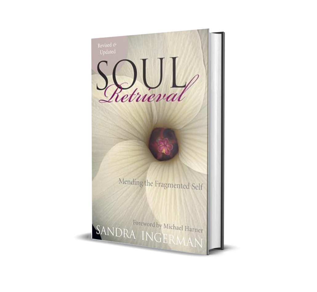 A white flower center on a book cover - Soul Retrieval by Sandra Ingerman Heal with a Shaman- Guest on the Spiritual Explorer Podcast - Host Lorraine Nilon
