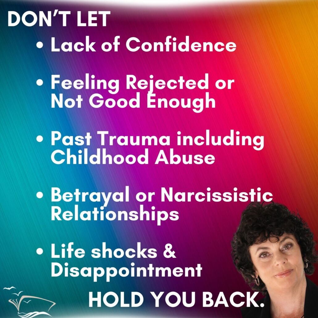 Colorful background with photo of Lorraine Nilon authentic spiritual teacher- life-coaching. With dot-point about not being held back in life.