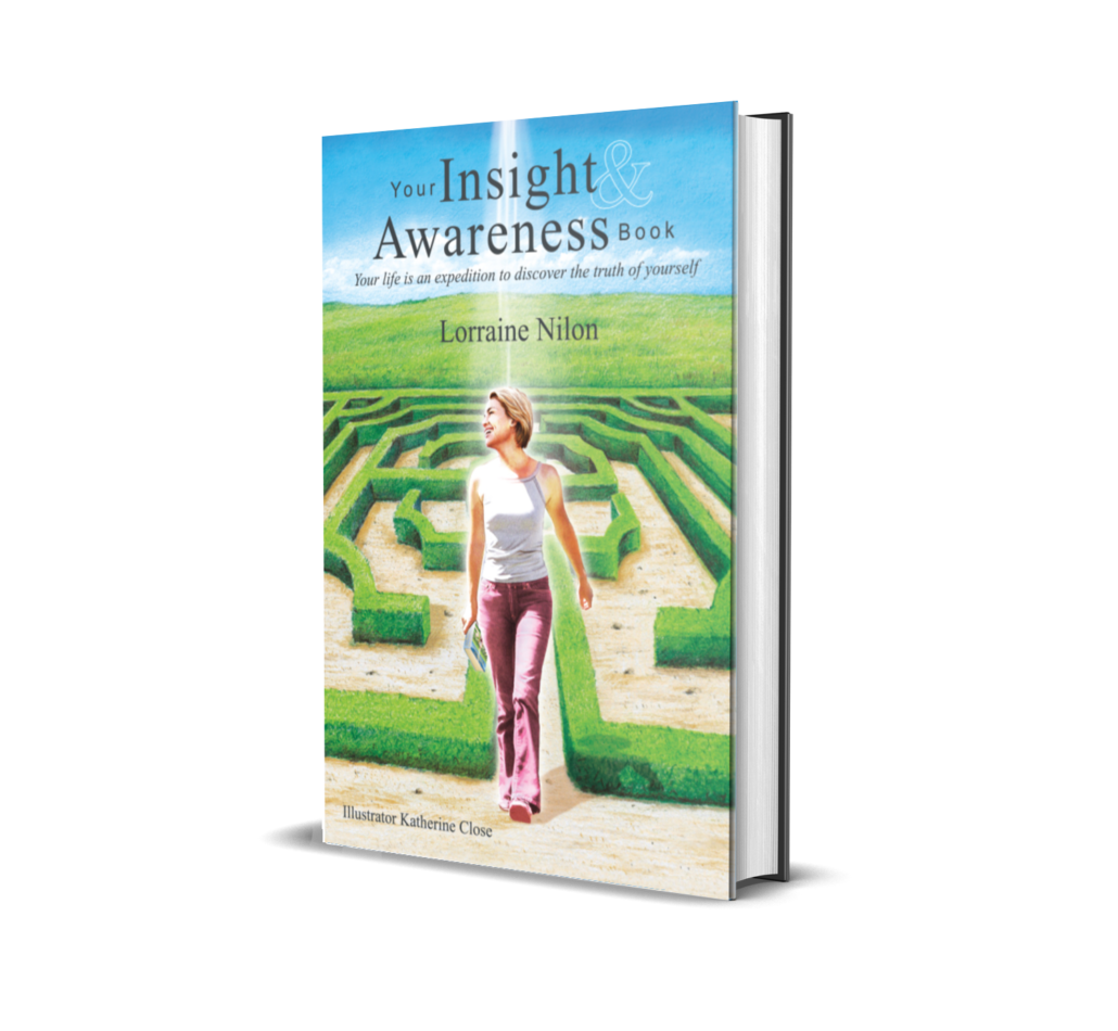 Developing self-awareness books- Your insight & Awareness Book - self-help author Lorraine Nilon- cover a lady walking out of a labyrinth hold the book, smiling!