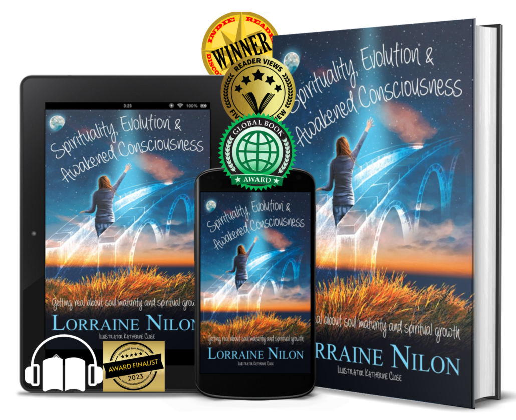 multi book award sticks on a book with a transparent bridge and person reaching for the heavens - Lorraine Nilon- Spirituality, Evolution and awakened consciousness