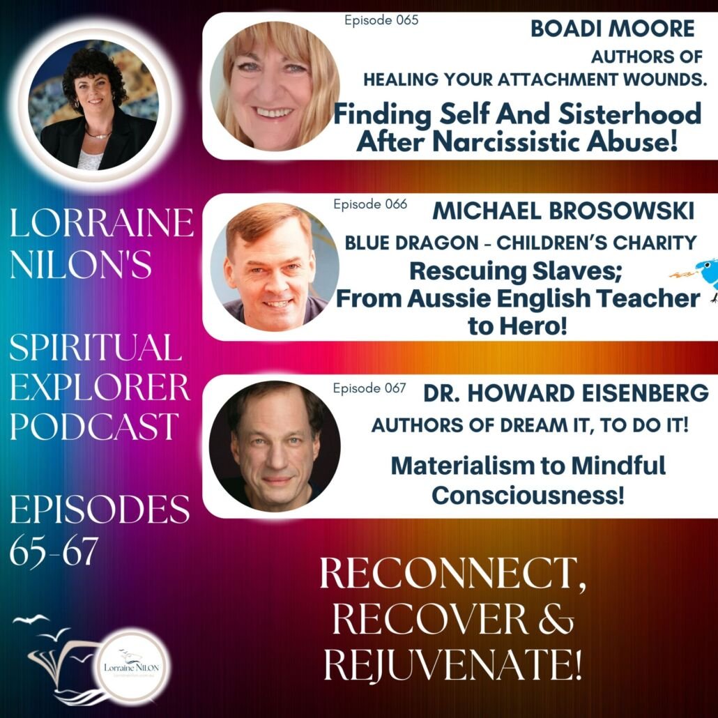Photos of Boadi Moore, Michael Brozowski and Howard Eisenberg - guests on Lorraine Nilon's Spiritual podcast