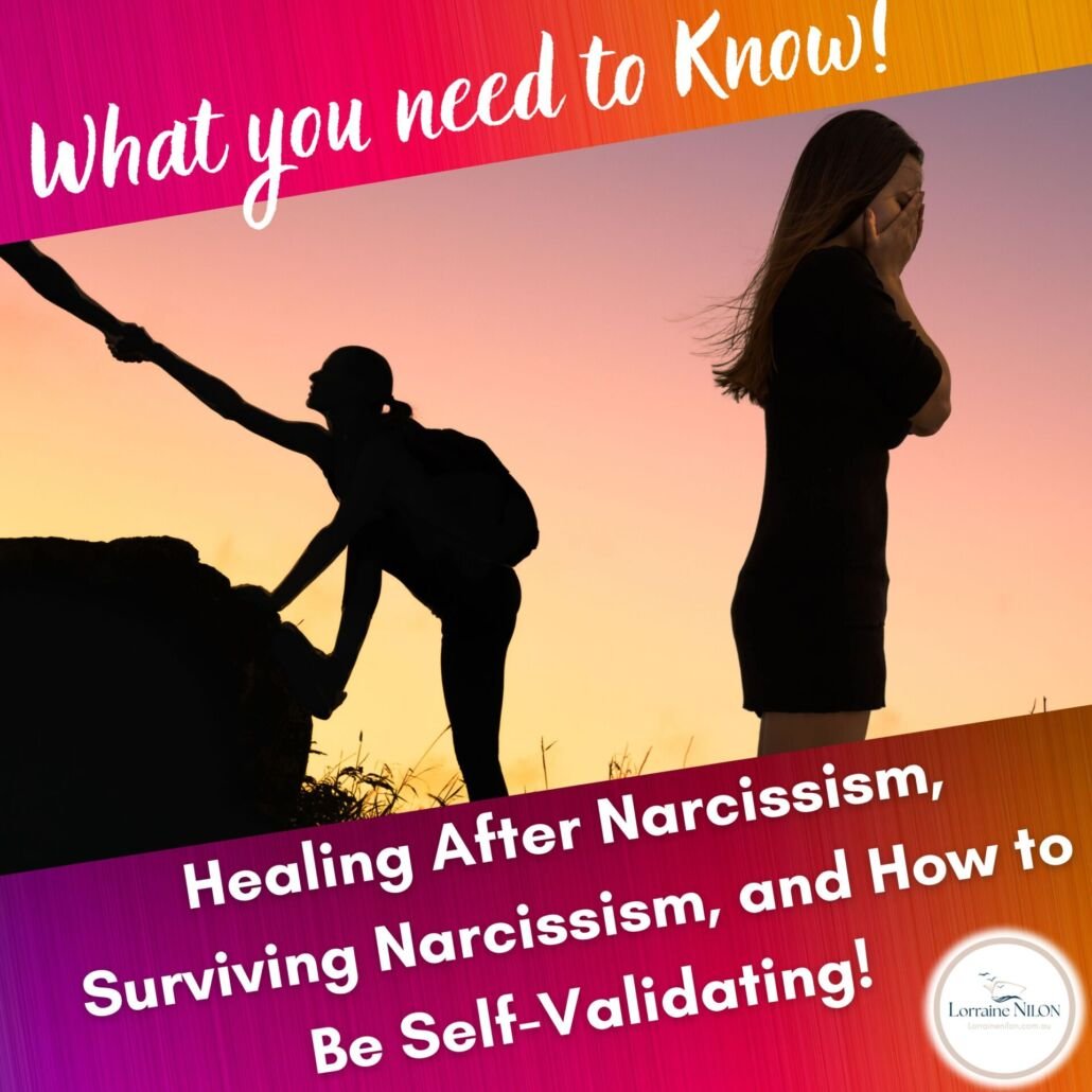 A lady crying and a person behind her getting help up a steep incline. Self-help author Lorraine Nilon What you need to know: Healing after narcissism, gaslighting, surviving narcissism and how to be self-validating