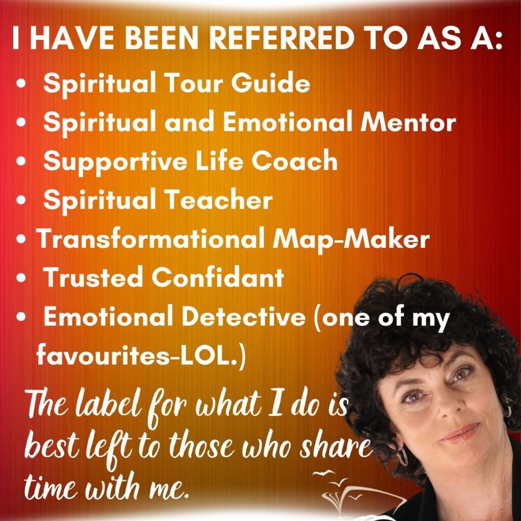 Photo of Spiritual Life coach-Lorraine Nilon smiling with a list of the way to explain labels her life coaching sessions have been called.