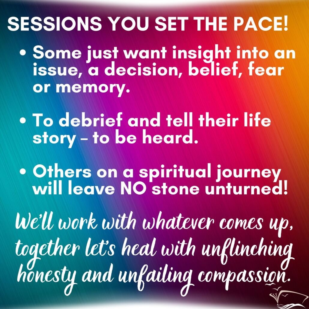 Explains the benefits of Session with Lorraine Nilon who is a spiritual teacher for self-discovery- You set the pace- explained on colorful background.