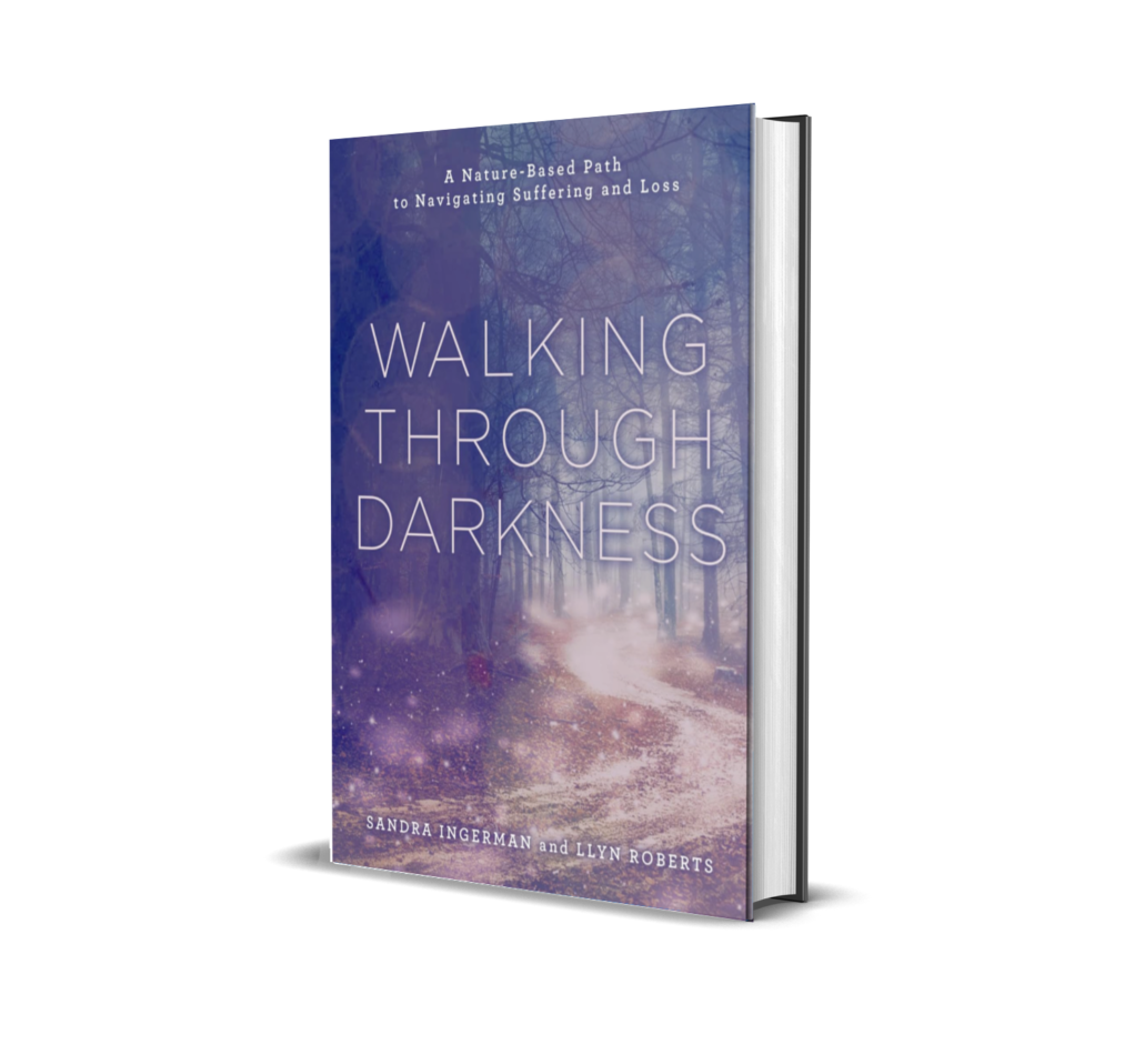 Wildness with spiritual journey lights with an embracing ancient wisdom feel to the book cover- Walking through Darkness by Sandra Ingerman guest on Spiritual Explorer Podcast - host Lorraine Nilon
